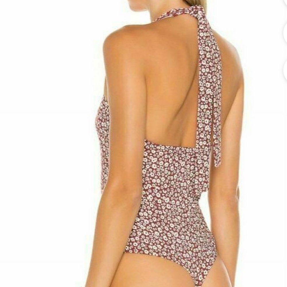 Free People Talk Back Halter Bodysuit Brown Floral M - Picture 2 of 9